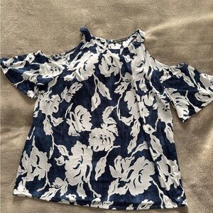 INC International Concepts Navy and White Floral Cold Shoulder Blouse